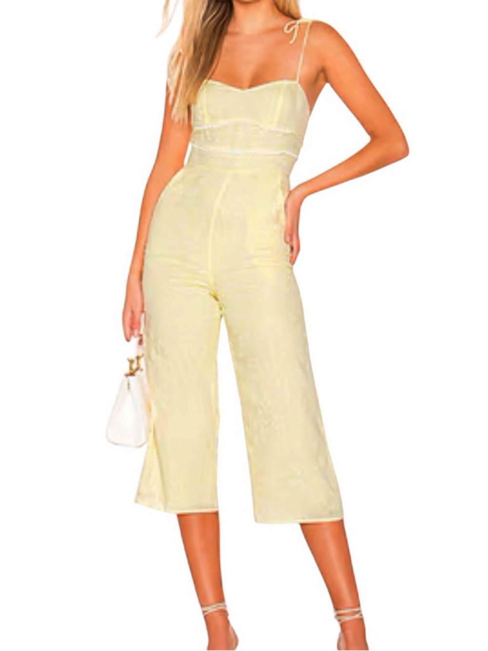 MAJORELLE Pale Yellow Tie-Strap Cropped Jumpsuit Size.XL Resort Wear Vacation